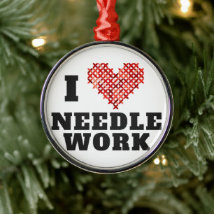 I Love Needlework Cross Stitch Metal Ornament