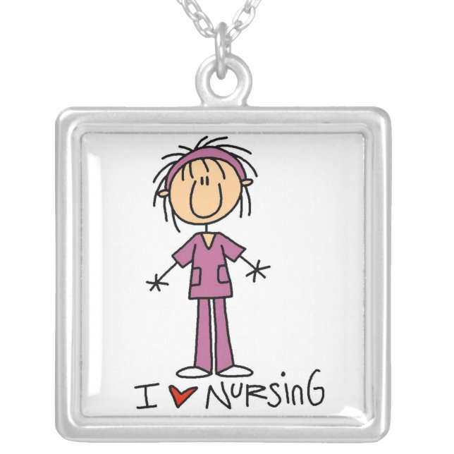 I Love Nursing T-shirts and Gifts Silver Plated Necklace (Front)
