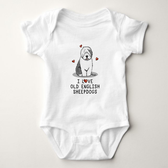 I Love Old English Sheepdogs (Gray 1) Cute OES Baby Bodysuit (Front)