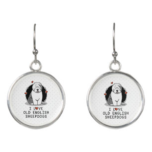 I Love Old English Sheepdogs (Gray 1) Cute OES Earrings
