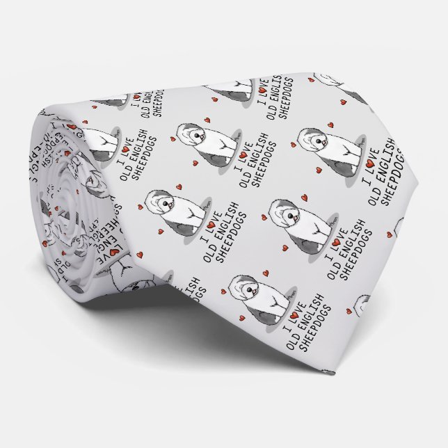 I Love Old English Sheepdogs (Gray 1) Cute OES Neck Tie (Rolled)