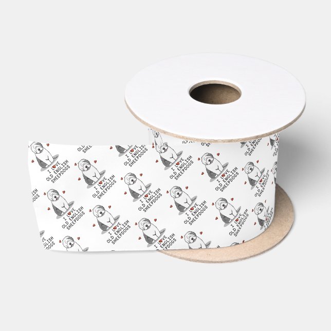 I Love Old English Sheepdogs (Gray 1) Cute OES Satin Ribbon (Spool)