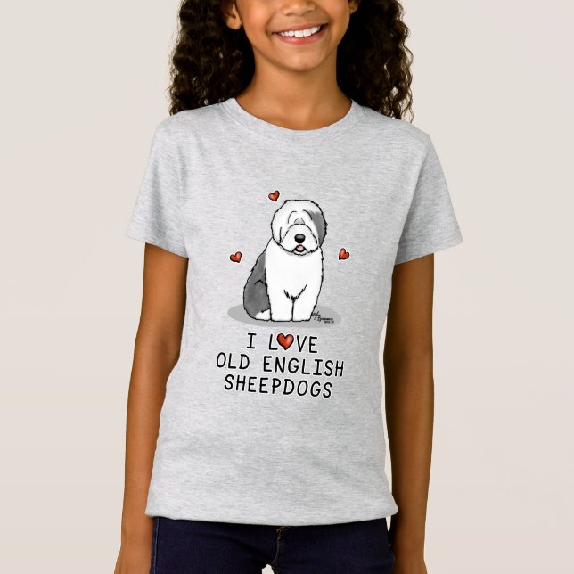 I Love Old English Sheepdogs (Gray 1) Cute OES T-Shirt (Front)