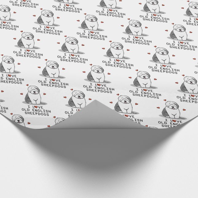 I Love Old English Sheepdogs (Gray 1) Cute OES Wrapping Paper (Corner)