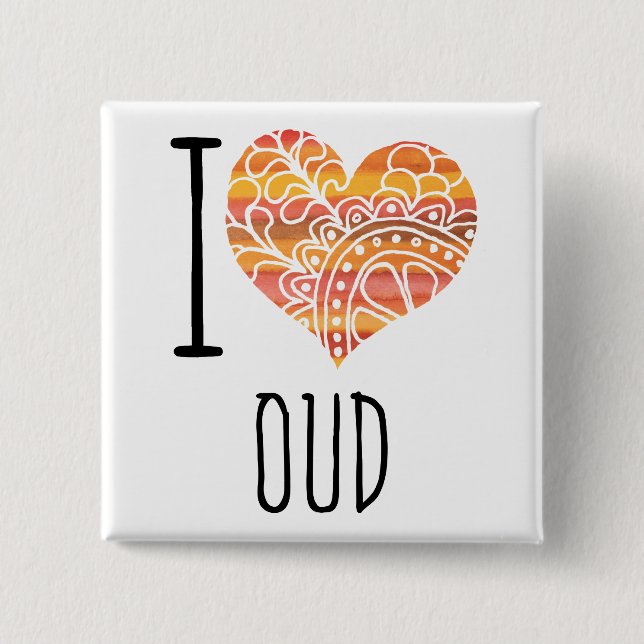 I Love Oud Orange Mandala Heart Button (Front)