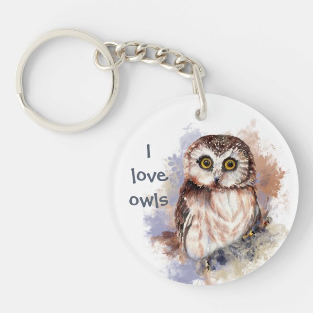 "I love Owls" Cute Watercolor Owl Quote Keychain (Front)