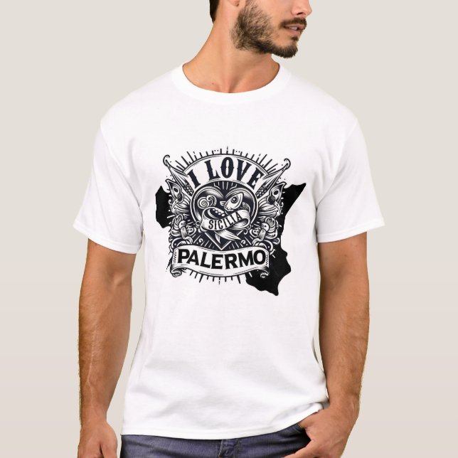 I Love Palermo Sicilia Tattoo Style Design  T-Shirt (Front)