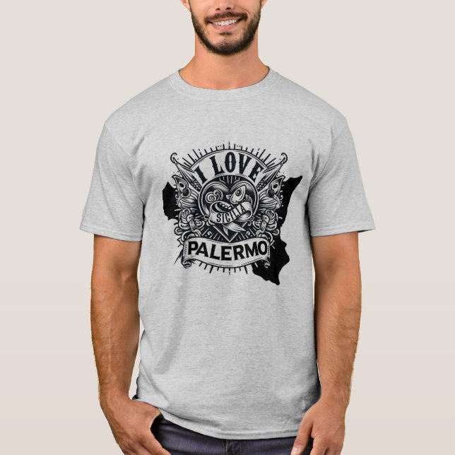 I Love Palermo Sicilia Tattoo Style Design  T-Shirt (Front)