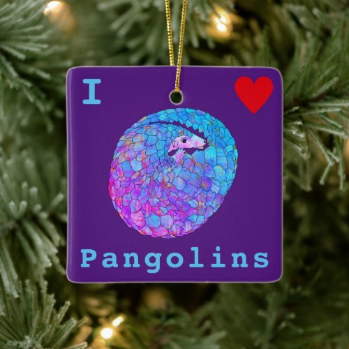 I Love Pangolins Slogan Purple Ceramic Ornament