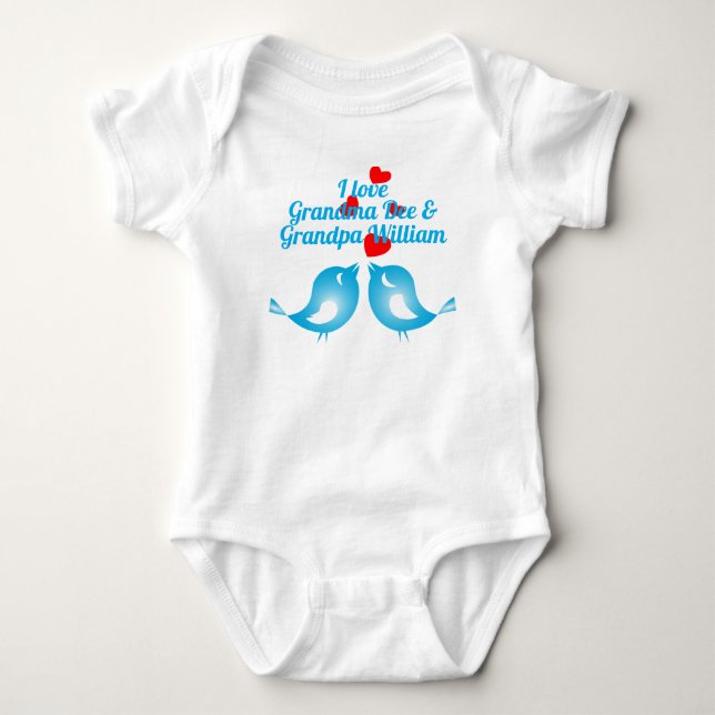 "I love Papa and Nana" Bluebirds and Red Hearts Ba Baby Bodysuit (Front)