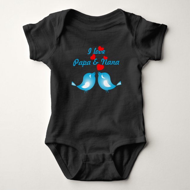 "I love Papa and Nana" Bluebirds and Red Hearts Baby Bodysuit (Front)