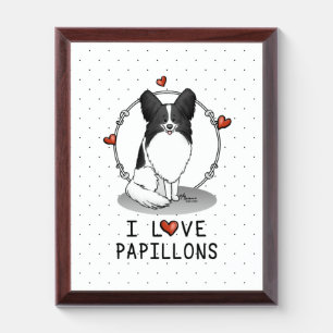 I Love Papillons (white & black) Hearts Dogs Cute Award Plaque
