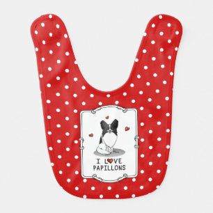 I Love Papillons (white & black) Hearts Dogs Cute Baby Bib