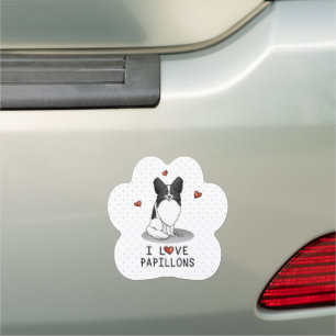 I Love Papillons (white & black) Hearts Dogs Cute Car Magnet