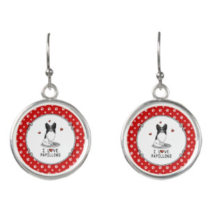 I Love Papillons (white & black) Hearts Dogs Cute Earrings