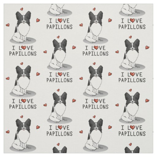 I Love Papillons (white & black) Hearts Dogs Cute Fabric