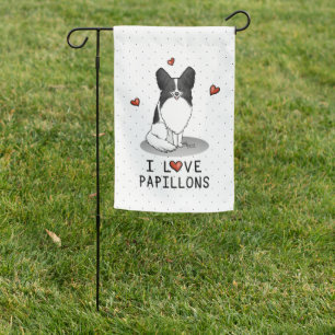 I Love Papillons (white & black) Hearts Dogs Cute Garden Flag