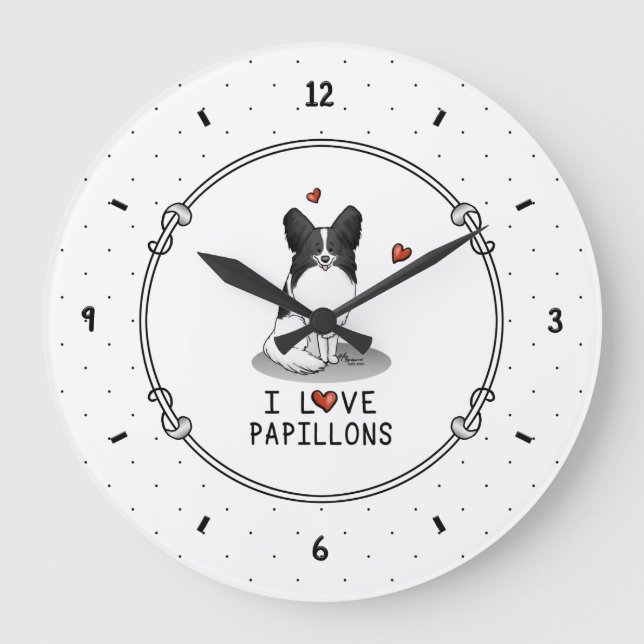 I Love Papillons (white & black) Hearts Dogs Cute Large Clock (Front)