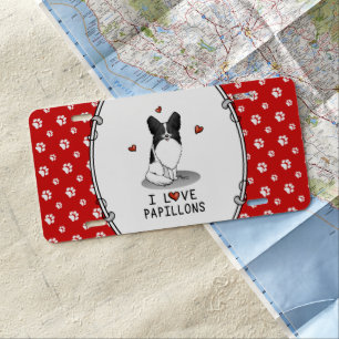 I Love Papillons (white & black) Hearts Dogs Cute License Plate
