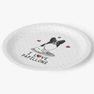 I Love Papillons (white & black) Hearts Dogs Cute Paper Plates