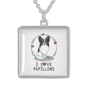 I Love Papillons (white & black) Hearts Dogs Cute Sterling Silver Necklace