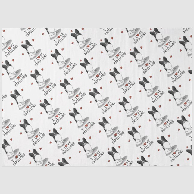I Love Papillons (white & black) Hearts Dogs Cute Tissue Paper (Front)
