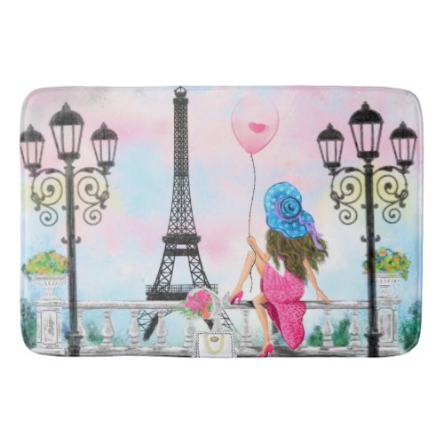 I Love Paris Bath Mat _ Woman with Pink Balloon 