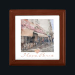 I Love Paris Cafe Jewelry Box<br><div class="desc">I love Paris romantic cafe street scene little jewelry box, with a little pink heart. For those who truly love Paris. A souvenir for those who have visited Paris, the city of light. Cafe with tables and chairs and pink flowers on awning. Create a wall of romantic Paris themed street...</div>
