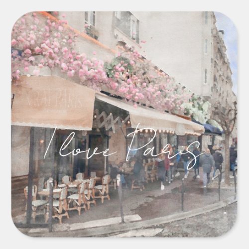 I Love Paris Cafe Street scene Square Sticker