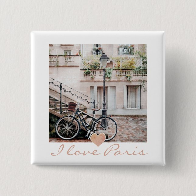 I Love Paris Cobblestone Street Bicycle  Button (Front)