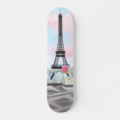 I Love Paris _ Eiffel Tower and Bouquet Flowers Skateboard