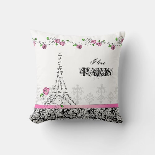 I Love Paris Pillow White Pink Black Roses