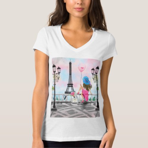 I Love Paris _ Pretty Lady with Pink Heart Balloon T_Shirt