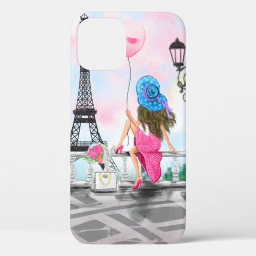I Love Paris _ Pretty Woman and Pink Heart Balloon iPhone 12 Case