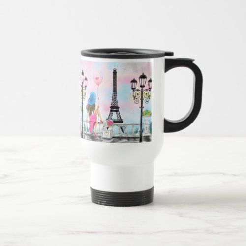 I Love Paris _ Pretty Woman and Pink Heart Balloon Travel Mug