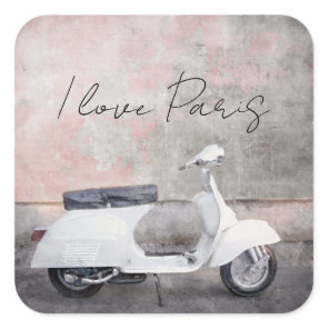 I Love Paris White motor Scooter Square Sticker