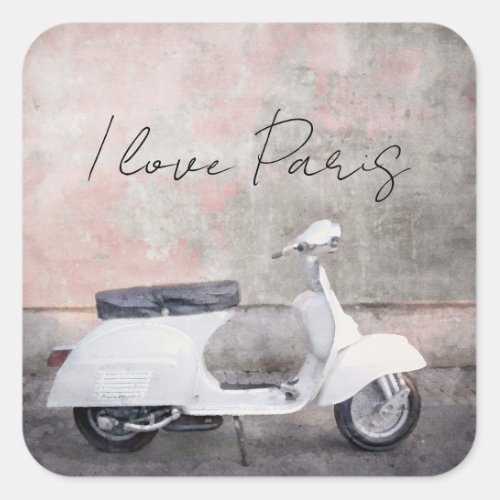 I Love Paris White motor Scooter Square Sticker