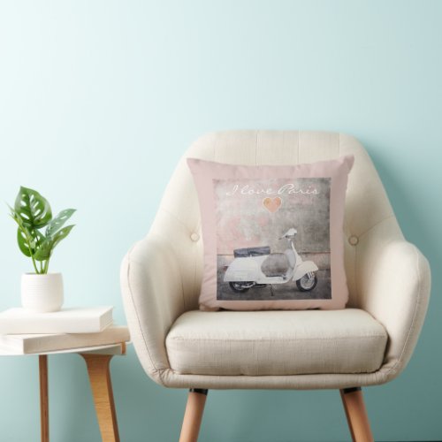 I Love Paris White Motor Scooter Throw Pillow