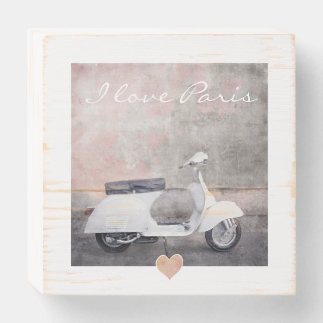 I Love Paris White Motor Scooter Wooden Box Sign (Front Horizontal)