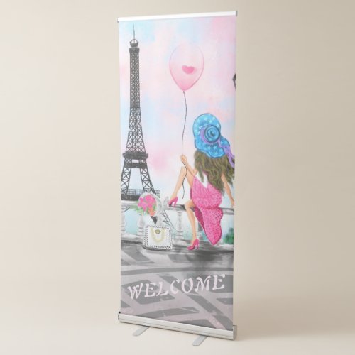 I Love Paris _ Woman with Pink Balloon _ Welcome Retractable Banner
