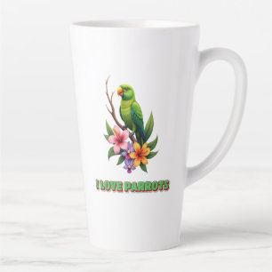 "I Love Parrots - Colorful Tropical Parrot & Flowe Latte Mug