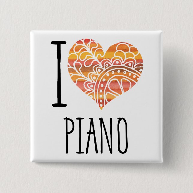 I Love Piano Orange Mandala Heart Button (Front)
