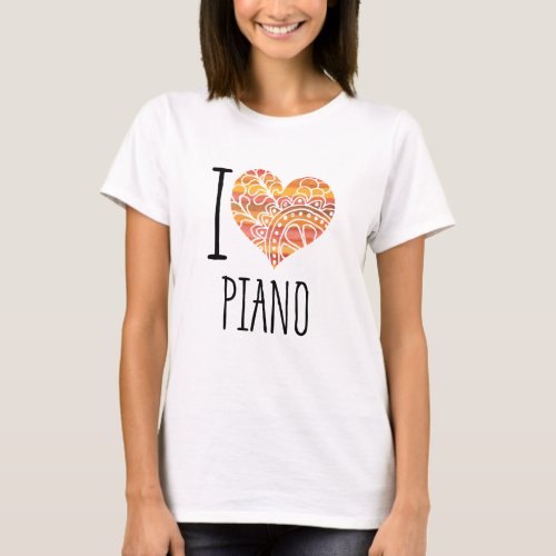 I Love Piano Yellow Orange Mandala Heart T-Shirt