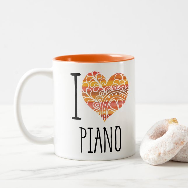 I Love Piano Orange Mandala Heart Two-Tone Coffee Mug (With Donut)