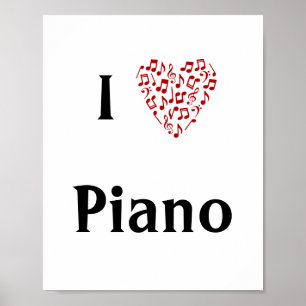 I Love Piano Red Heart of Music Notes Poster