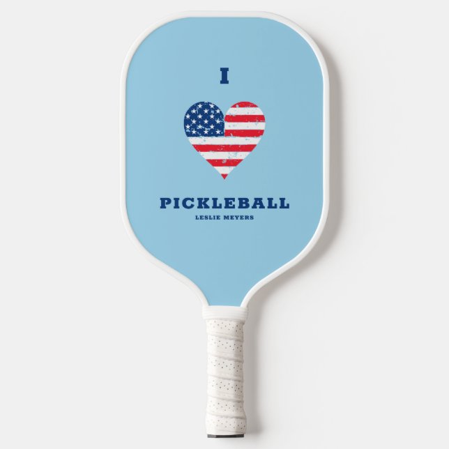 I Love Pickleball American Flag Heart | Name    Paddle (Front)