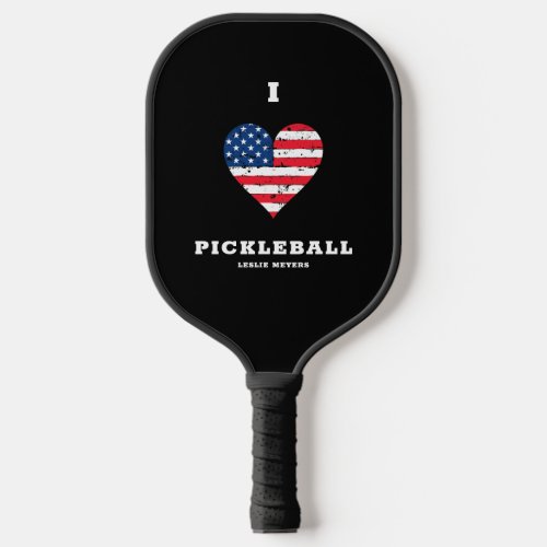 I Love Pickleball American Flag Heart  Name    Pickleball Paddle