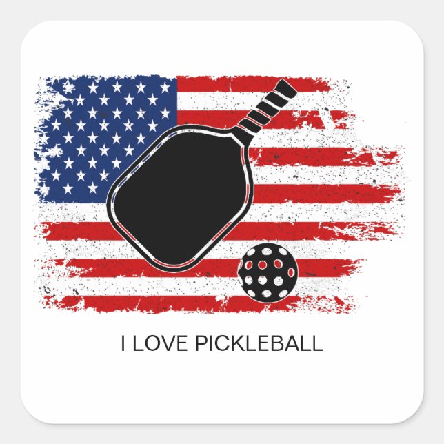 I Love Pickleball American Flag Personalized Square Sticker (Front)