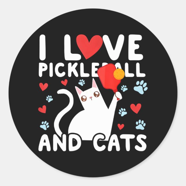 I Love Pickleball & Cats White Cat Fitness Classic Round Sticker (Front)