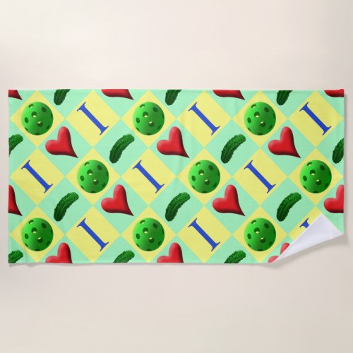 I Love Pickleball Green Logo Beach Towel